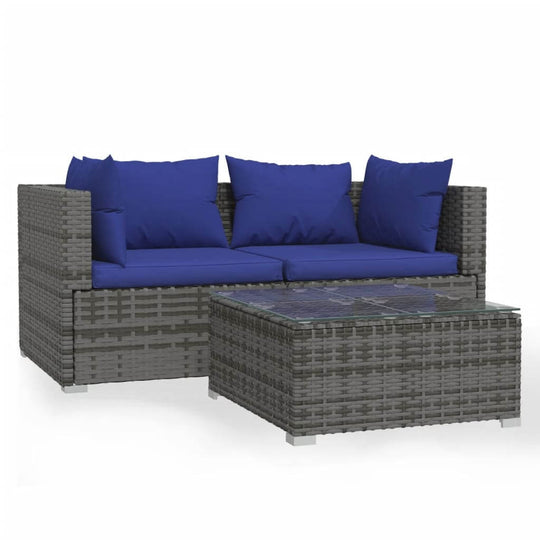 3 Piece Garden Lounge Set with Cushions Poly Rattan featuring blue cushions on sturdy rattan sofa and table with glass top