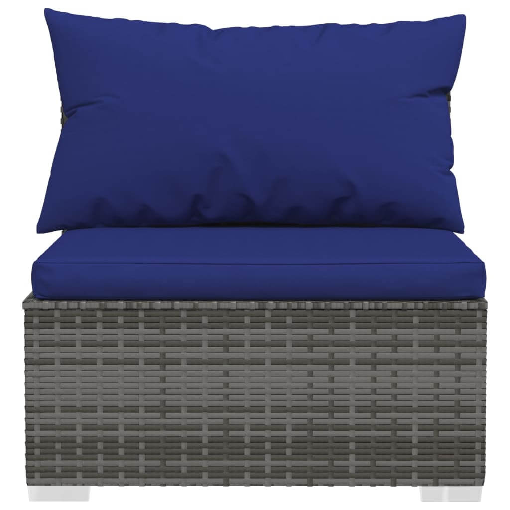 Blue-cushioned poly rattan outdoor sofa piece with durable steel frame and chrome feet, ideal for patios and garden lounge sets.