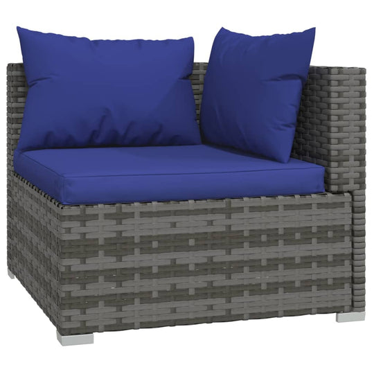 Stylish corner piece for outdoor rattan sofa set with blue cushions, ideal for gardens and patios.