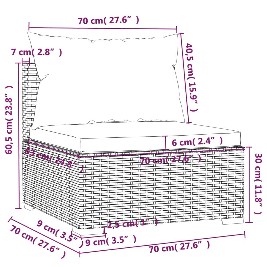 Dimensions diagram of a 3-seater garden sofa with PE rattan material, featuring detailed measurements for outdoor patio furniture.