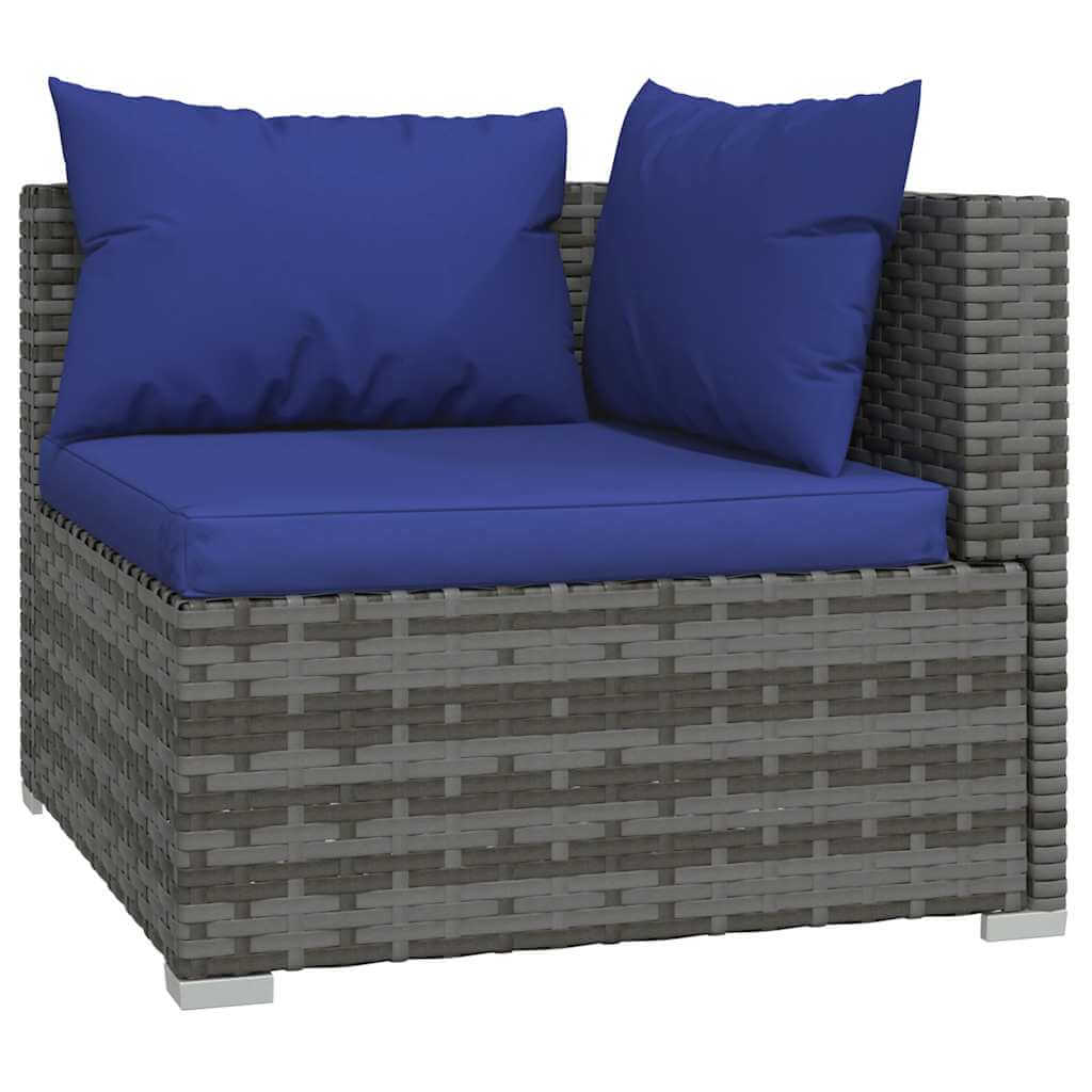 Corner section of 4 Piece Garden Lounge Set with Cushions Poly Rattan in grey with blue cushions, showcasing durable design.