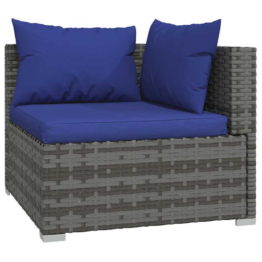 Corner section of 4 Piece Garden Lounge Set with Cushions Poly Rattan in grey with blue cushions, showcasing durable design.