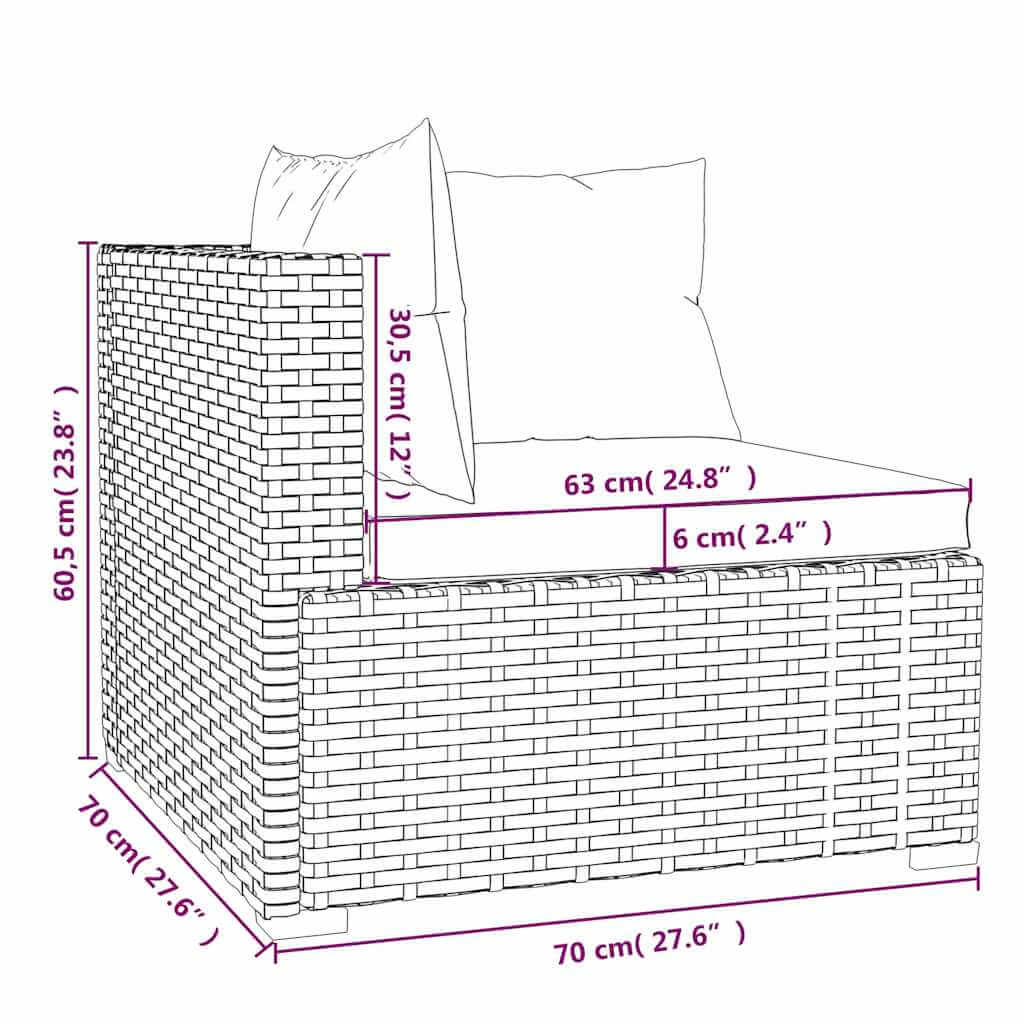 Dimensions diagram of 4 Piece Garden Lounge Set with Cushions Poly Rattan showing measurements in cm and inches.