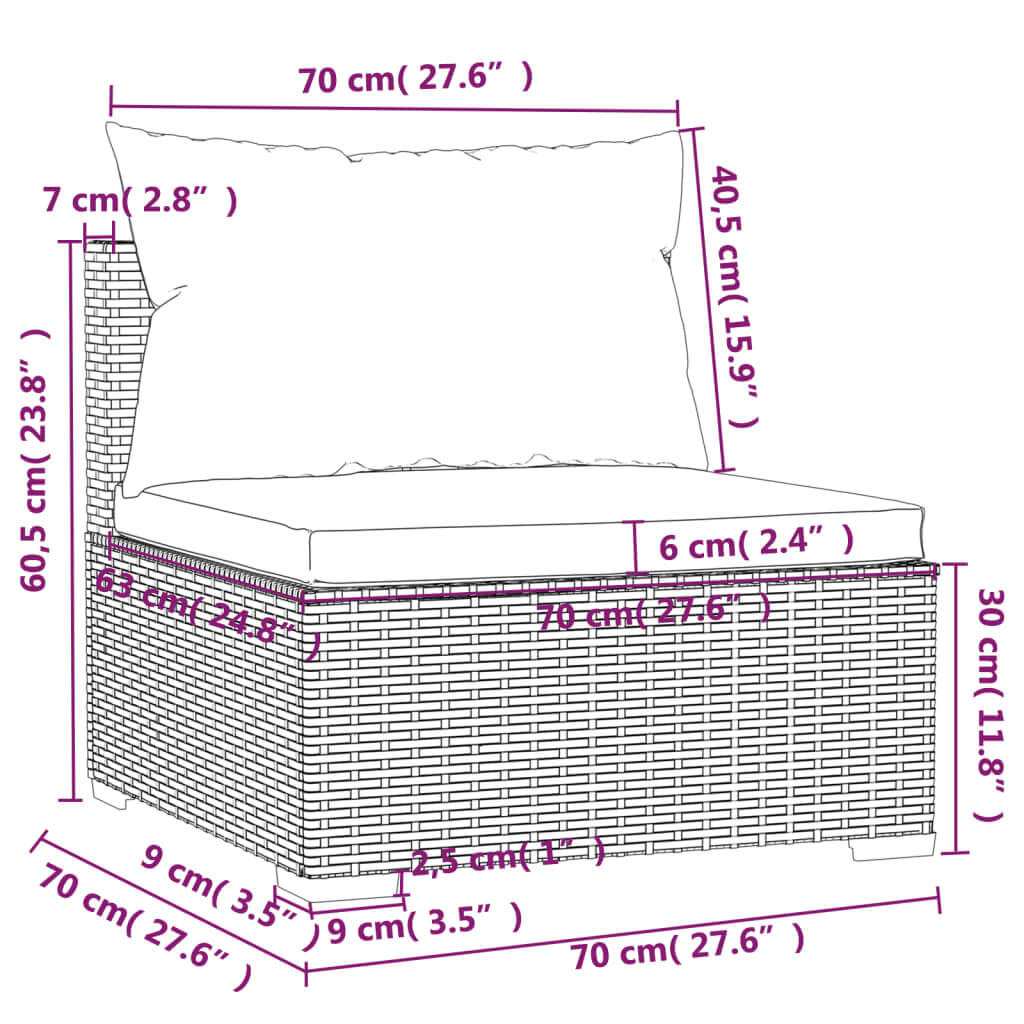 "Dimensions of 3-seater poly rattan sofa with cushions, featuring robust steel frame, ideal for outdoor patio and garden furniture."