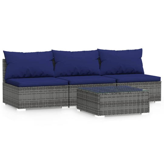 4 Piece Garden Lounge Set with Cushions Poly Rattan in gray with blue cushions, ideal for outdoor relaxation.