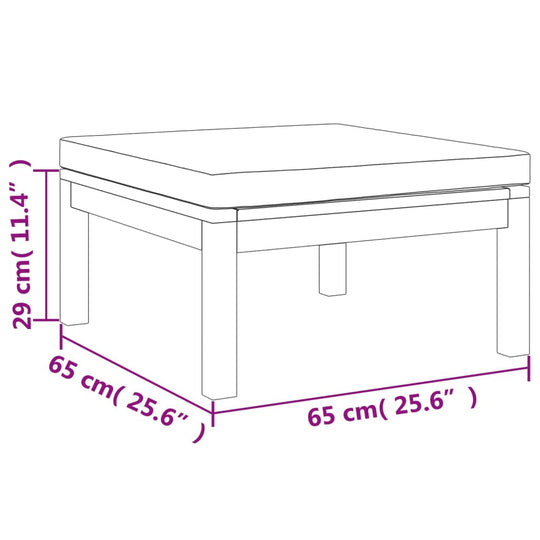 Dimensions of a square outdoor coffee table with cushion, measuring 29 cm high and 65 cm wide, suitable for garden lounge sets.