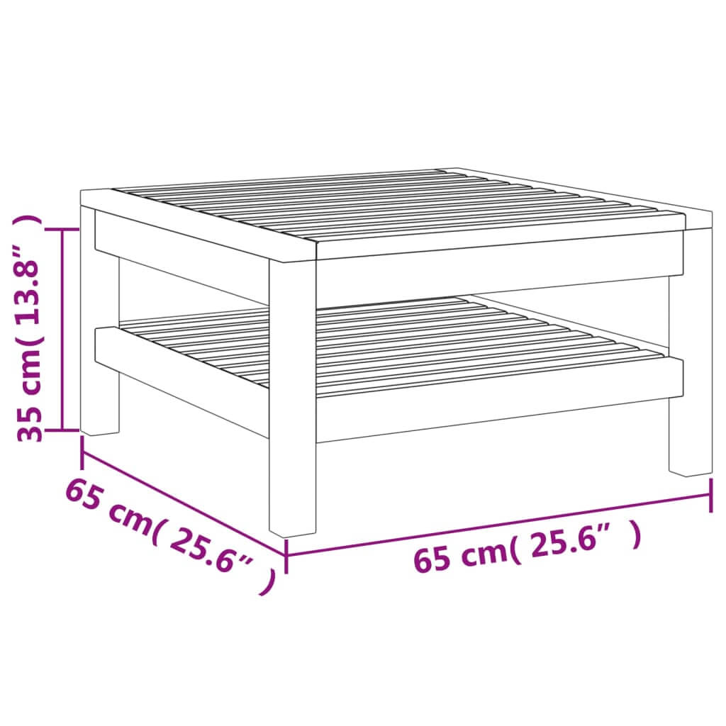 Dimensions of a square wooden coffee table with two shelves, measuring 65 cm x 65 cm x 35 cm, ideal for outdoor use.