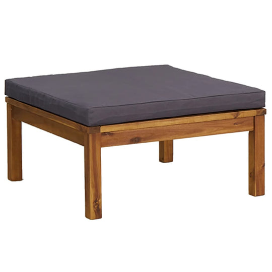 Square acacia wood coffee table with thick grey cushion for outdoor lounge furniture. Ideal for garden relaxation.