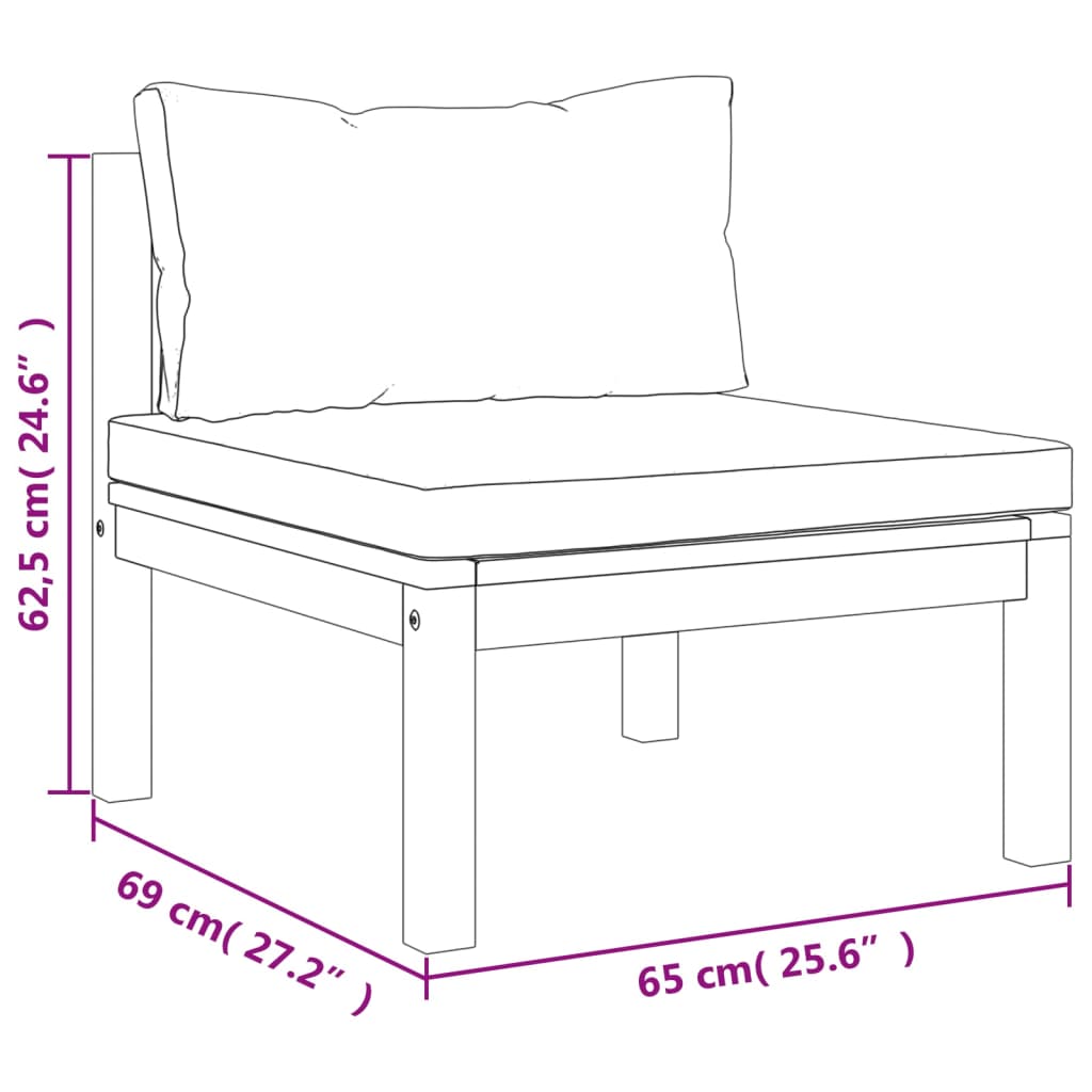 Dimensions of a 5-piece garden lounge chair with removable cushion and solid acacia wood frame, perfect for outdoor use.