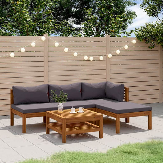 5 piece outdoor lounge set with thick cushions, solid acacia wood frame, perfect for garden relaxation and gatherings.