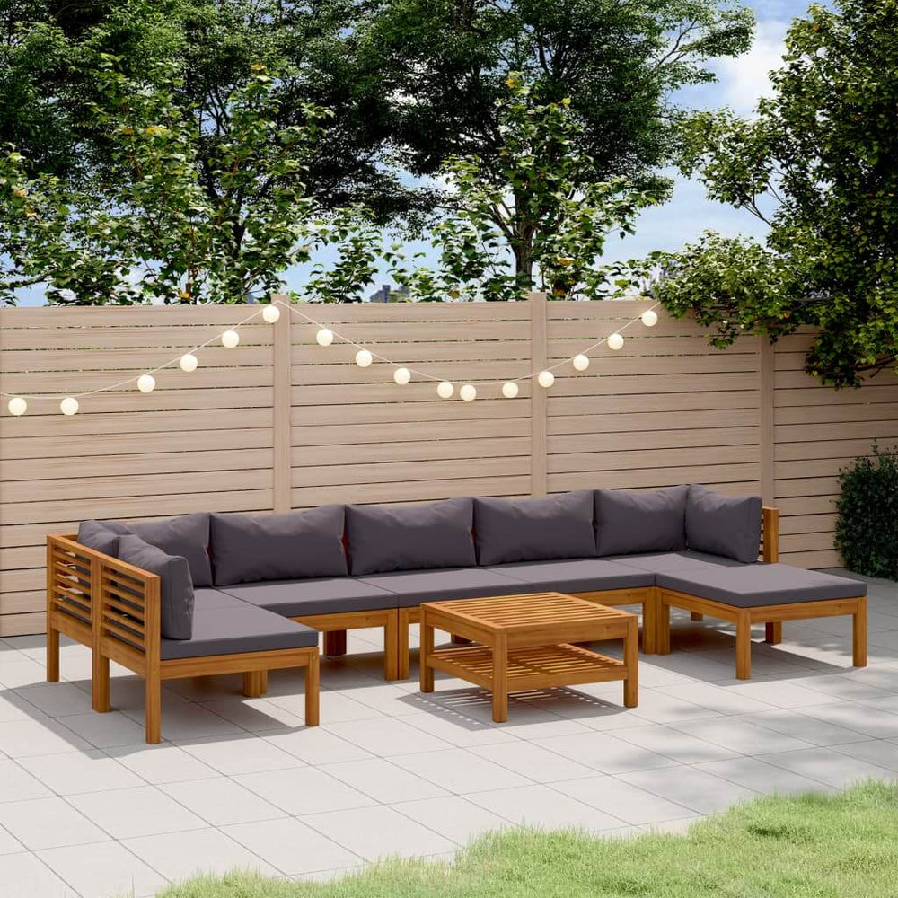 6 piece garden lounge set with cushions on a patio, featuring solid acacia wood frame and slatted coffee table, perfect for outdoor living.