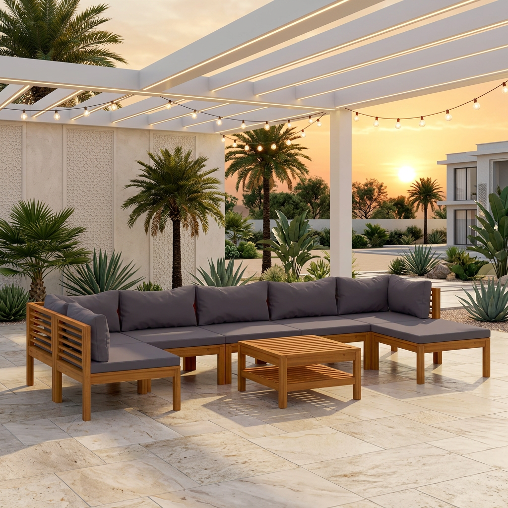  6 piece garden lounge set with cushions on a patio, featuring solid acacia wood frame and slatted coffee table, perfect for outdoor living.
