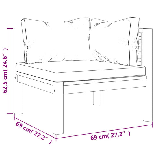 Dimensions of the 3-seater garden sofa with cushions, highlighting acacia wood frame - 69 cm x 69 cm x 62.5 cm.