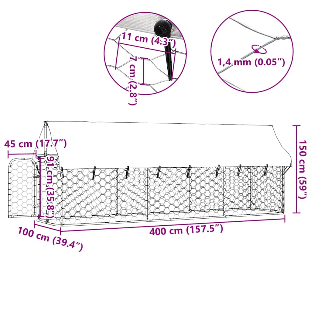 Outdoor Dog Kennel with Roof 400x100x150 cm dimensions and features diagram showcasing kennel size and structure details.