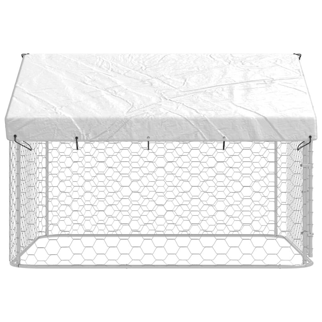 Outdoor dog kennel with roof, providing secure play space for pets, featuring mesh panels for visibility and safety.