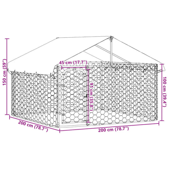 Outdoor dog kennel dimensions: 200x200x150 cm, featuring a protective roof and mesh enclosure for safety.