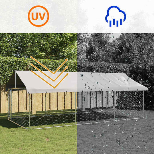 Outdoor Dog Kennel with Roof 400x200x150 cm showing UV protection and rain resistance features.
