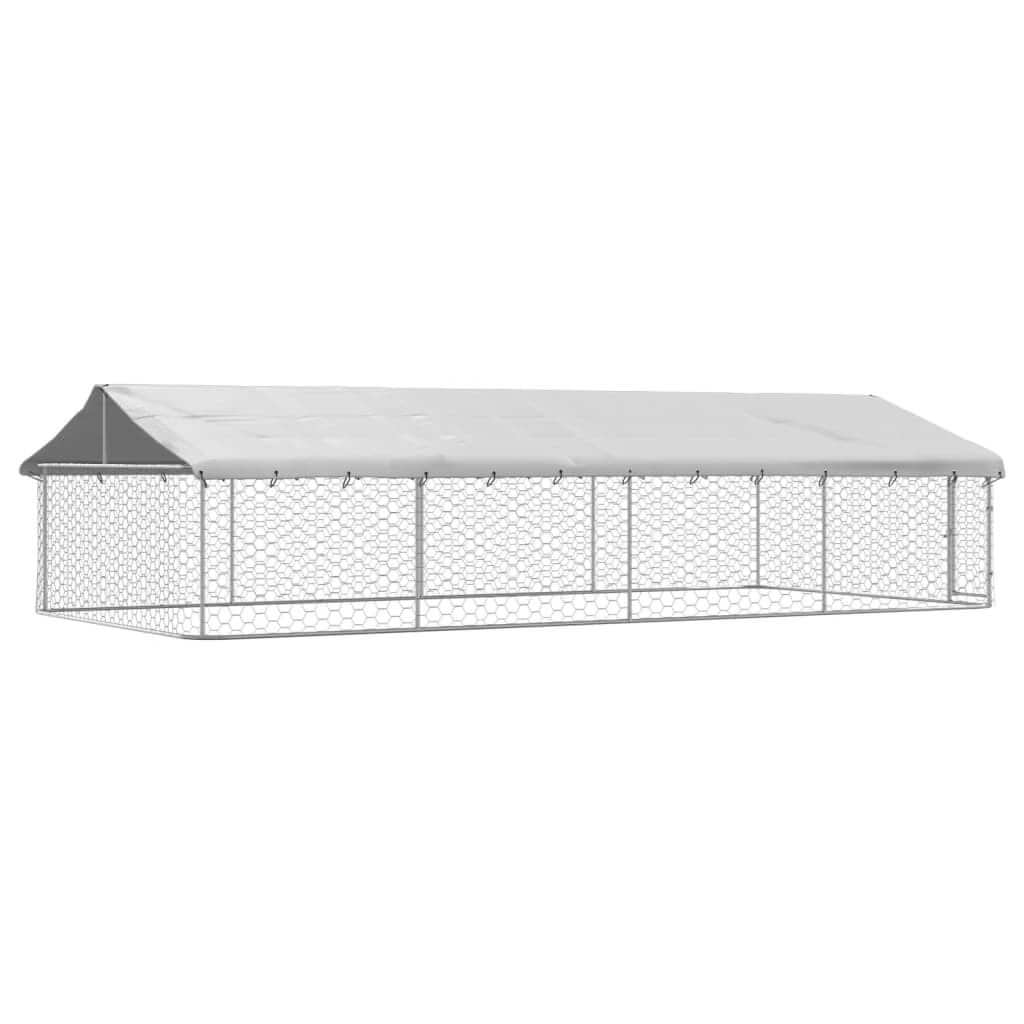 Outdoor dog kennel with roof, providing a safe space for pets, ideal for play and exercise in any backyard setting.