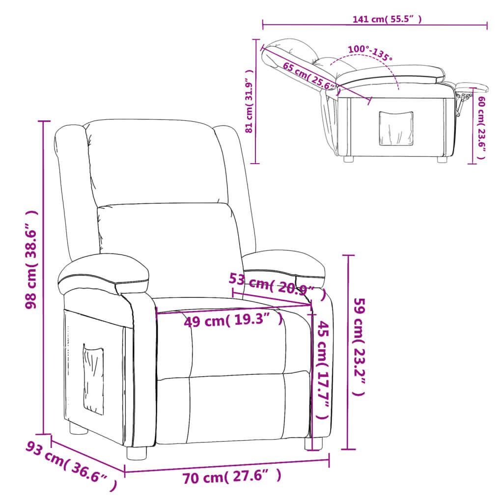 Dimensions diagram of black faux leather recliner chair with manual reclining function, perfect for home or outdoor patio furniture.