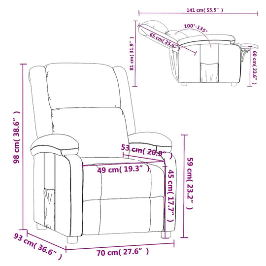 Cappuccino Faux Leather Recliner Chair – UAE dimensions and specifications diagram with measurements.