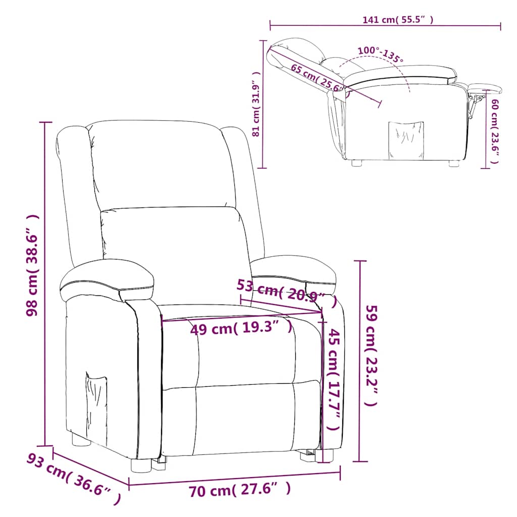 Fabric Recliner Chair Cream – Comfortable Seating UAE dimensions diagram with measurements for reclined and upright positions.