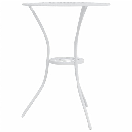 White cast aluminium bistro table with decorative floral design, perfect for garden or patio settings.