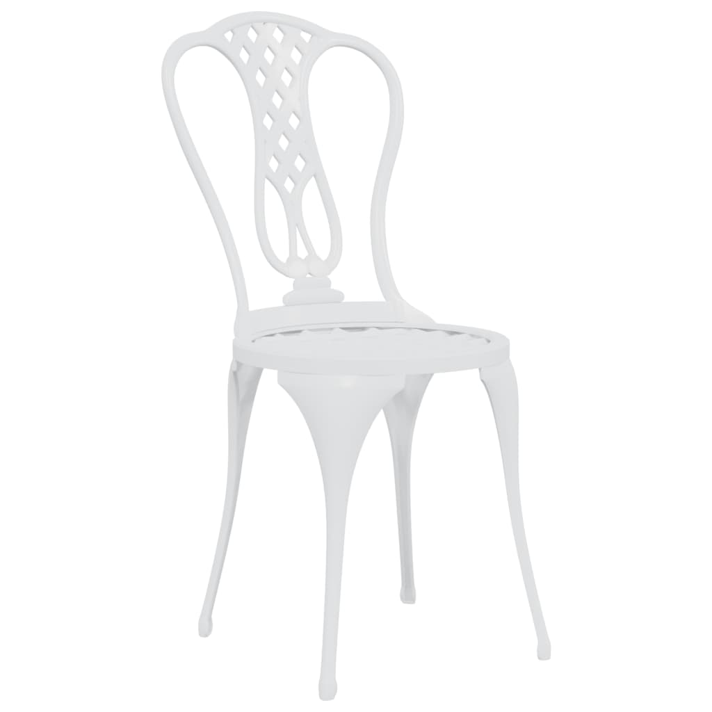 White cast aluminium bistro chair with intricate back design, perfect for garden or patio settings. Durable and weather-resistant.