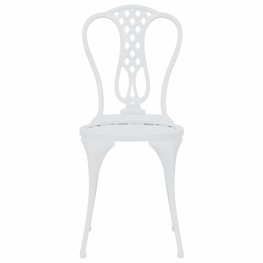 White cast aluminium bistro chair with intricate floral design, perfect for garden or patio use.