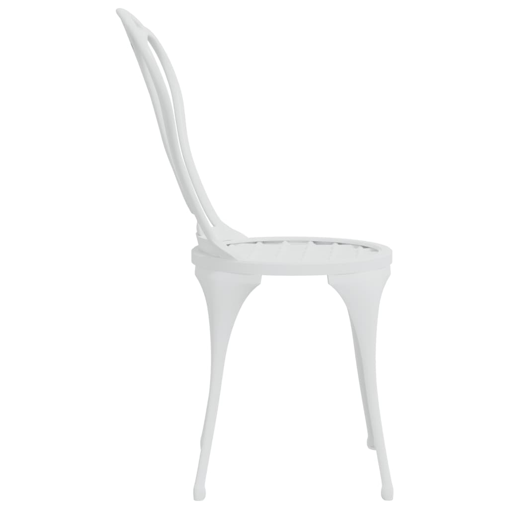 Side view of a white cast aluminium chair from a 3-piece bistro set, showcasing its elegant design and durability.