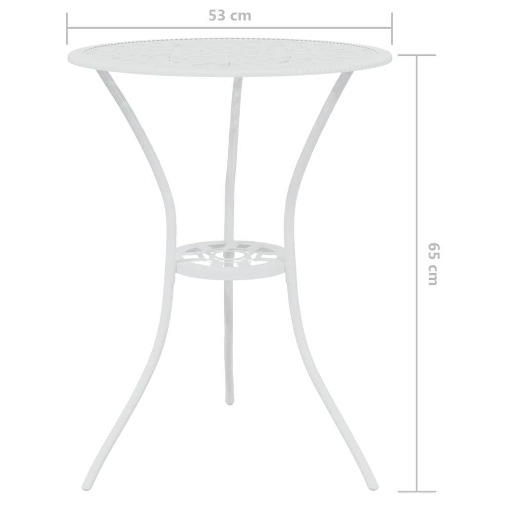 White cast aluminium bistro table, 53 cm diameter, 65 cm height, with elegant floral design for outdoor settings.