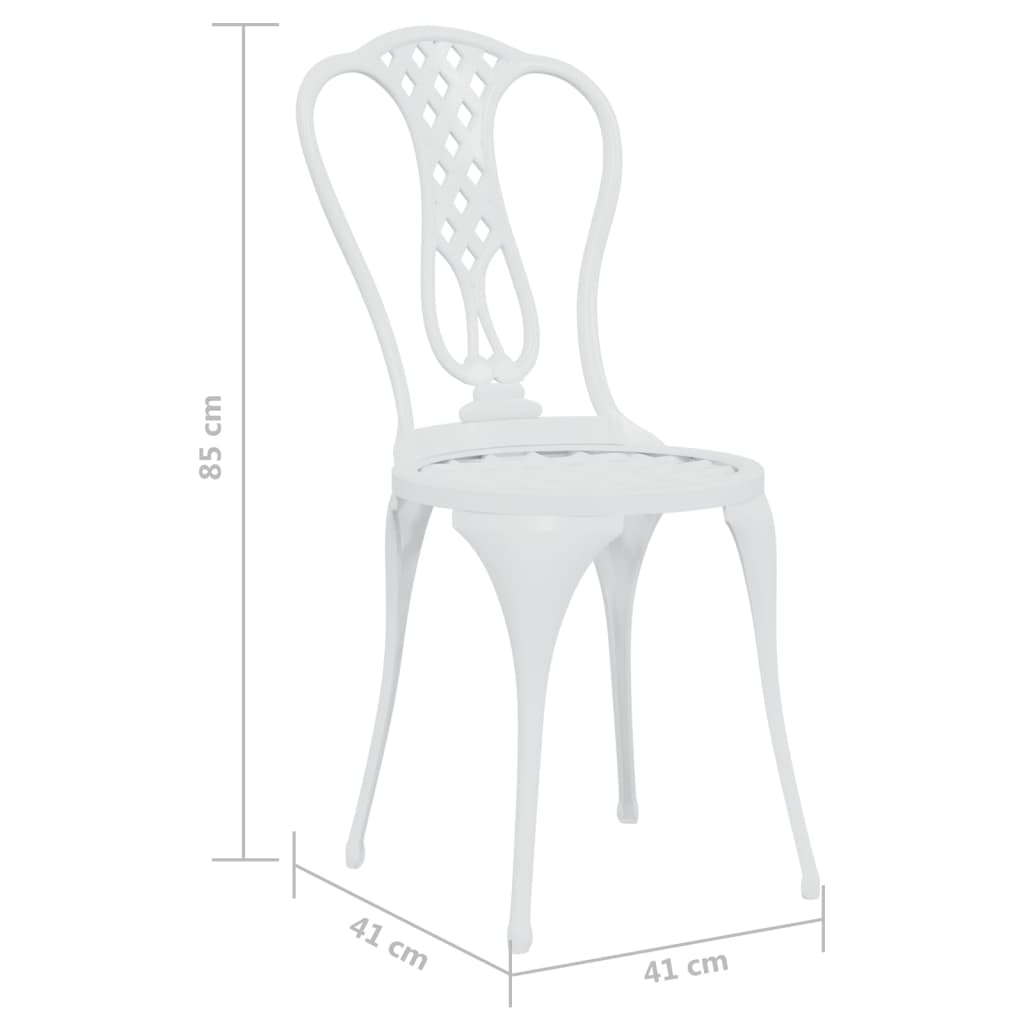 White cast aluminium bistro chair with floral design, 85 cm height and 41 cm width, perfect for patio or garden.