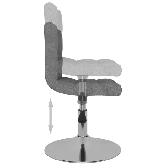 Swivel dining chair in light grey fabric with adjustable height gas lift mechanism and chromed steel base for stability.