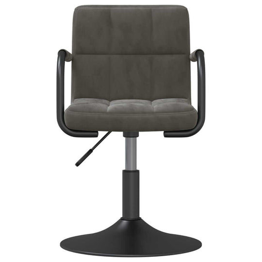 Dark grey velvet swivel dining chair with armrests and adjustable height for outdoor and home patio furniture.