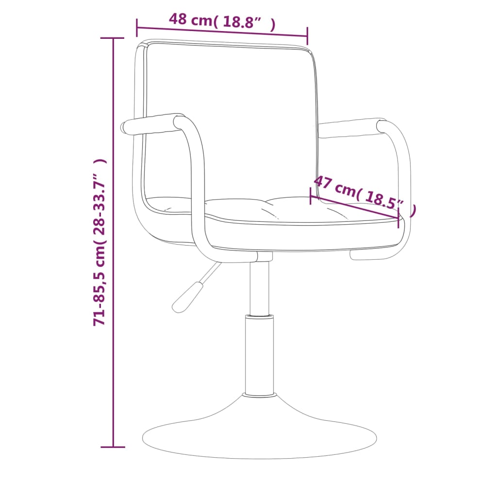 Dimensions of swivel dining chair in dark grey velvet, showcasing adjustable height and modern design for outdoor patio furniture.