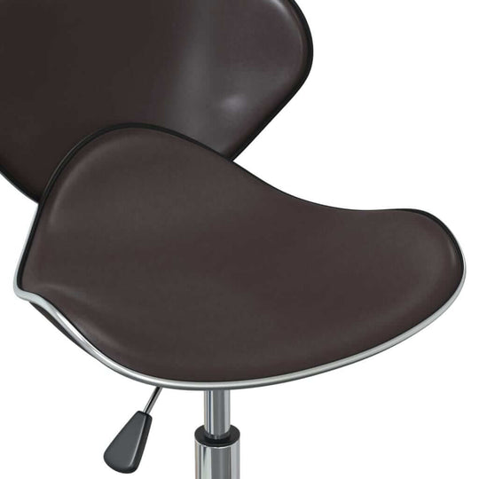 Brown faux leather swivel dining chair with chromed steel frame and gas lift mechanism for height adjustment.