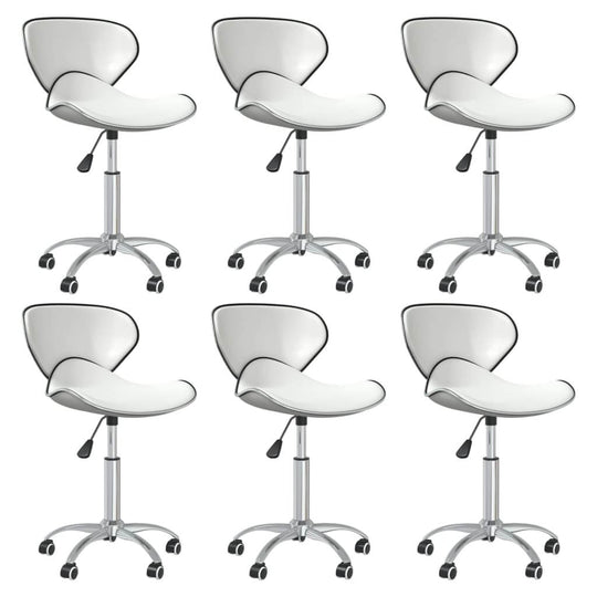 Set of 6 white faux leather swivel dining chairs with chromed steel frames and height adjustment feature.