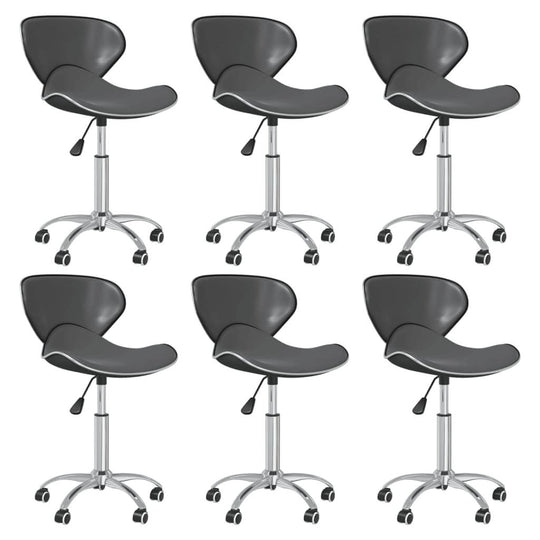 Set of 6 grey faux leather swivel dining chairs with chromed steel frames, perfect for outdoor and home patio furniture.