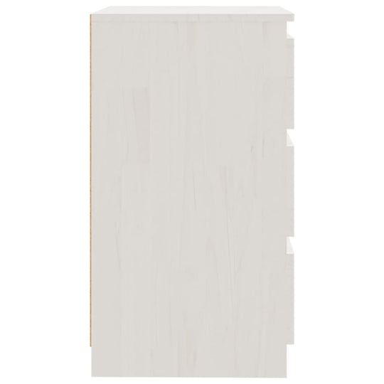 Bedside Cabinets  pcs  60x36x64 cm Solid Pinewood side view showcasing three drawers and a chic white finish.