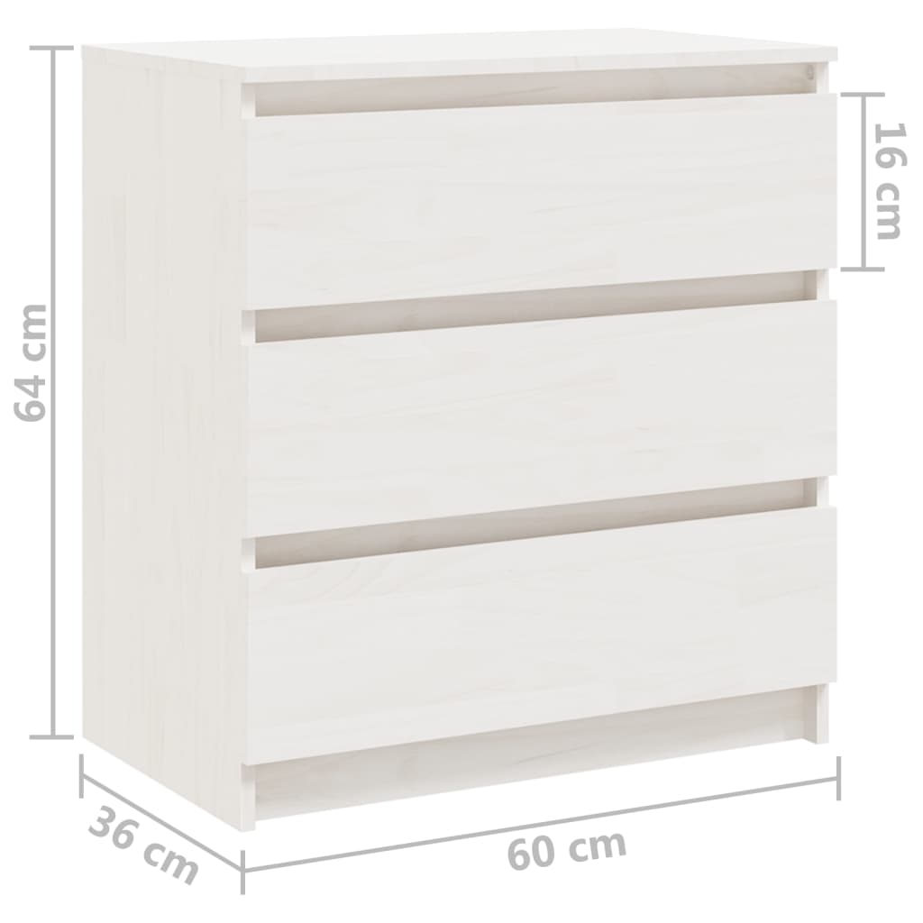 Bedside Cabinets  pcs  60x36x64 cm Solid Pinewood - White wooden nightstand with three drawers.