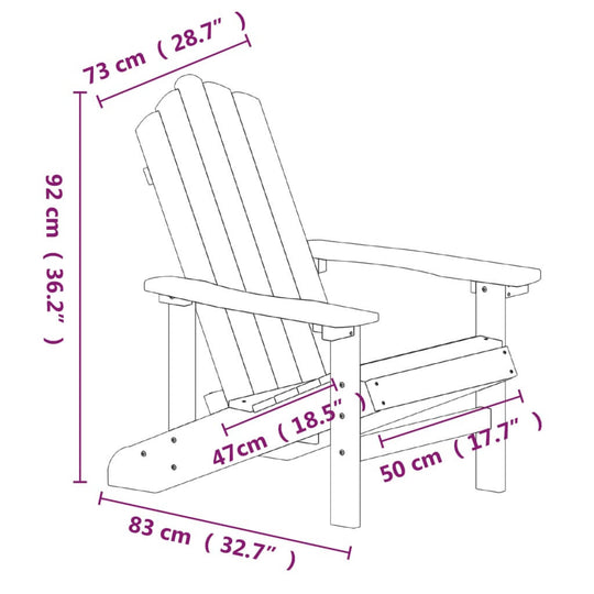 Dimensions of a Garden Adirondack Chair in HDPE, measuring 73 cm wide, 92 cm high, 83 cm long, with clear sizes for outdoor furniture.