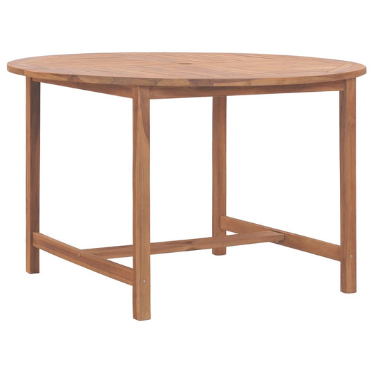 Garden dining table in solid teak wood, round design Ø110x75 cm with smooth finish, perfect for outdoor and indoor use.