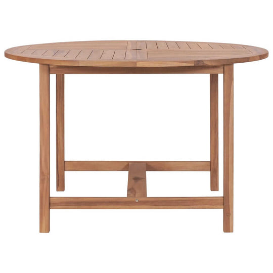 Round solid teak garden dining table with smooth finish, perfect for outdoor kitchens and patios. Diameter 110 cm, height 75 cm.