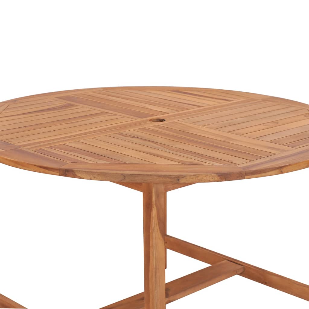 Round teak garden dining table with a smooth finish and umbrella hole, ideal for outdoor dining.