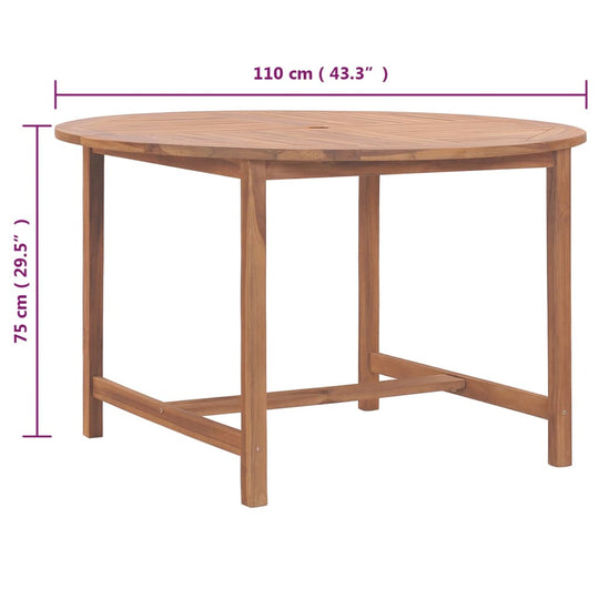 Round solid teak garden dining table, 110 cm diameter, 75 cm height, showcasing natural wood finish and sturdy construction.