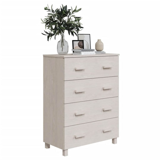 Sideboard HAMAR White 79x40x103.5 cm solid pine wood with four drawers and decorative display items on top.