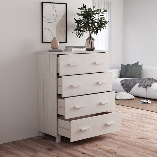 Stylish HAMAR white sideboard with four drawers, perfect for storage and decor in a modern living room setting.