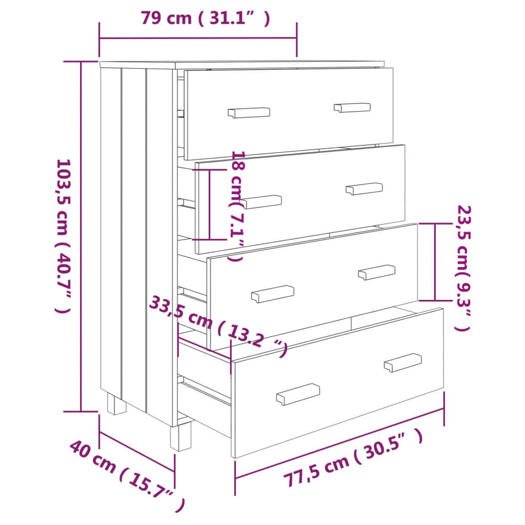 Dimensions of the Sideboard HAMAR in white solid pinewood, showcasing its height, width, and drawer sizes in cm.