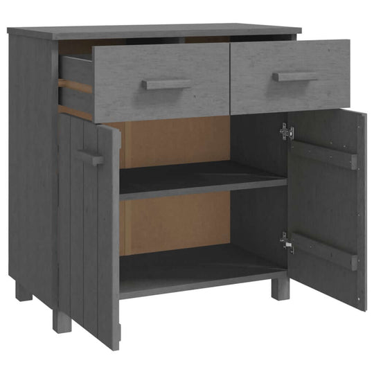 Dark grey wooden sideboard with 2 doors and 2 drawers, made of solid pine, offering practical storage solutions.