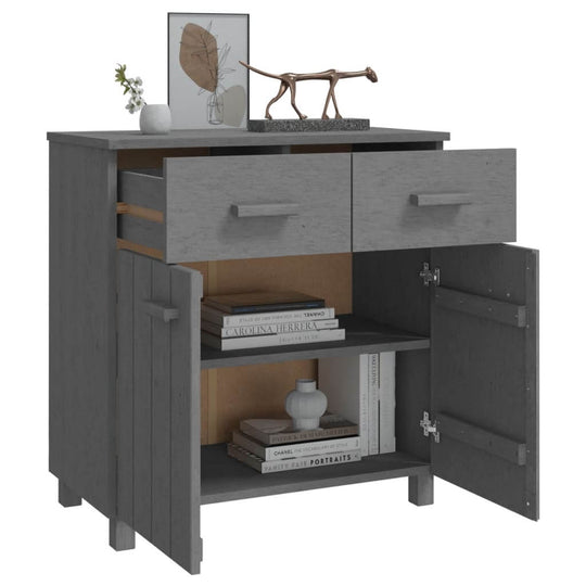 Dark grey sideboard with two doors and two drawers, showcasing storage space and decorative items on top.