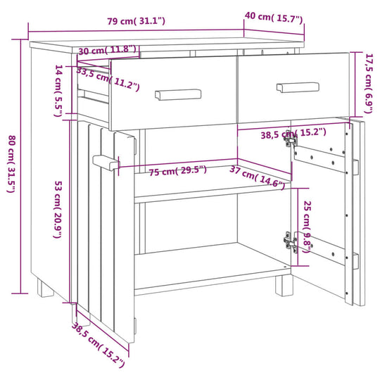 Sideboard HAMAR Dark Grey dimensions 79x40x80 cm with detailed measurements for stable pinewood design.